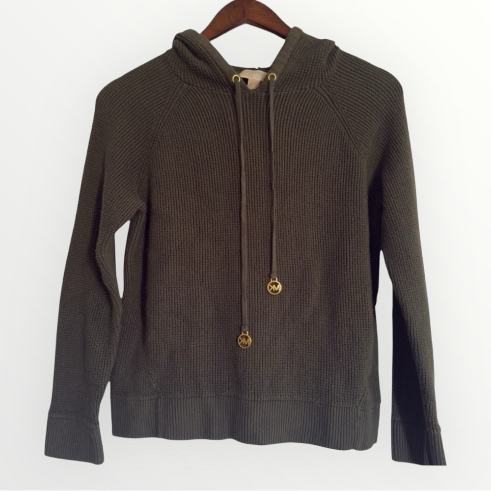 Michael Kors Dark Green Sweater with Hood Drawstring Logo Cotton Blend Size M